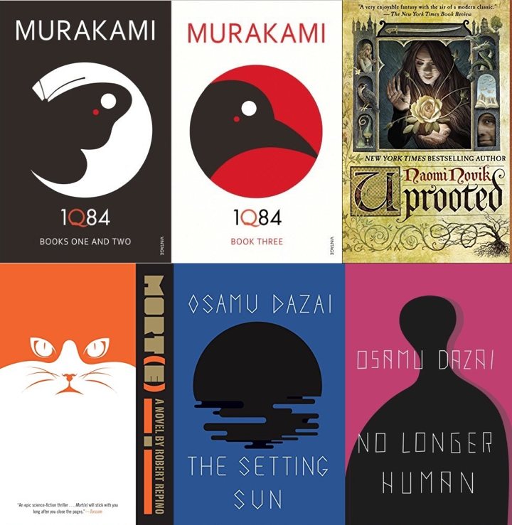 Collage of book covers pt 1 (1Q84, Uprooted, Morte, The Setting Sun, No Longer Human)